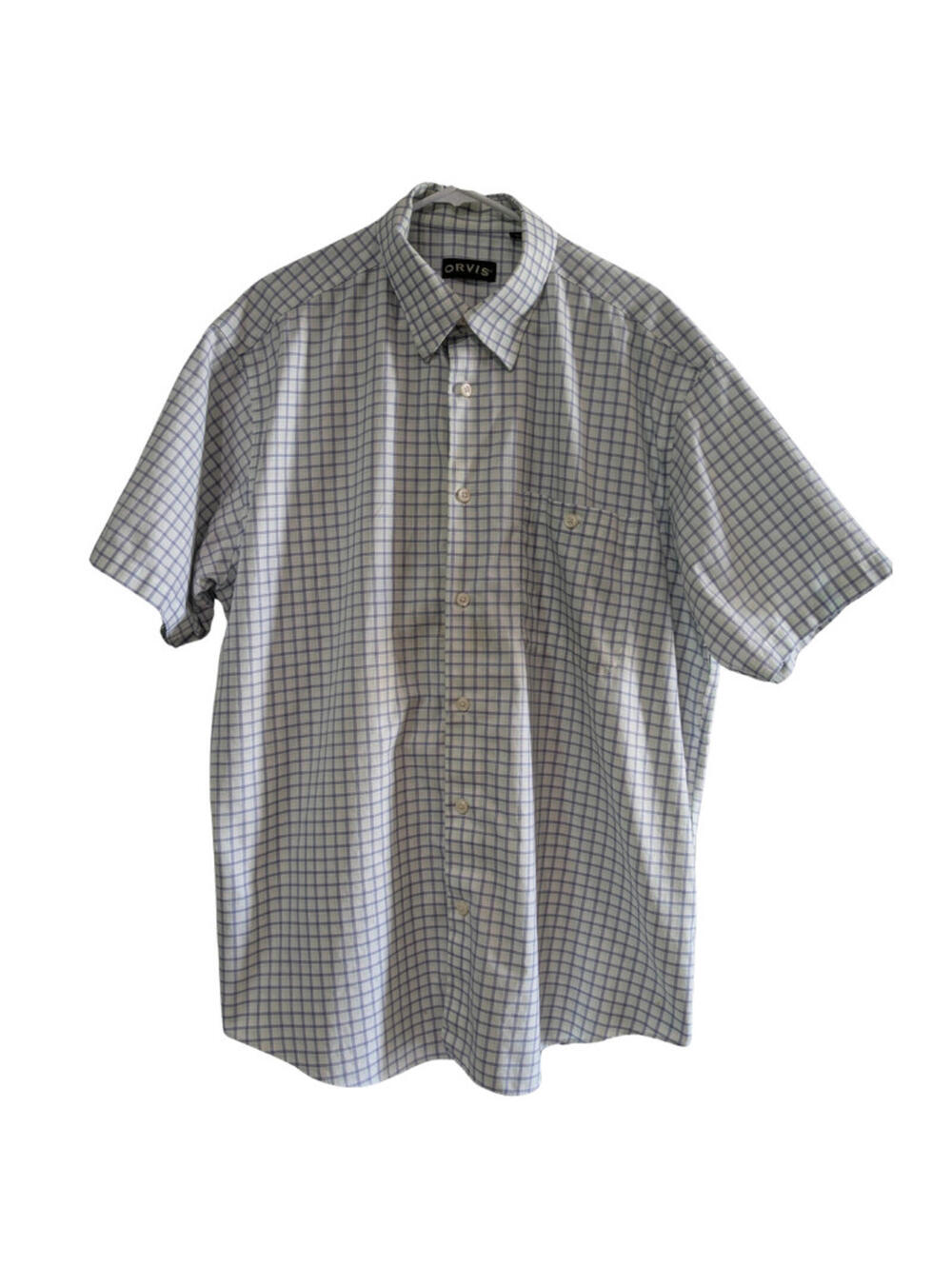 Orvis Men's White Blue Check Short Sleeve Button Down Shirt, Size XL